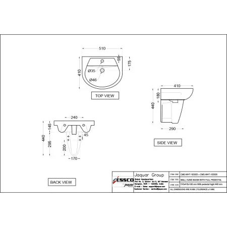 Раковина Essco Cosmo CMS-WHT-103803 Белая с пьедесталом