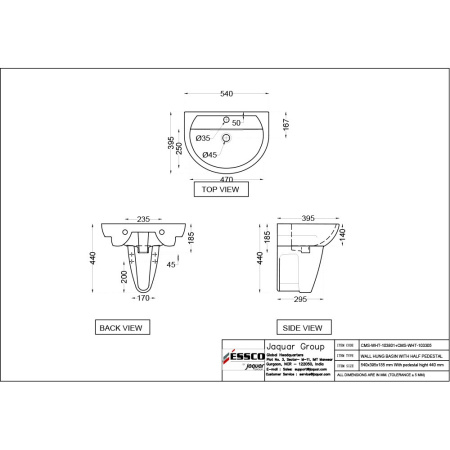 Раковина Essco Cosmo CMS-WHT-103801 Белая с пьедесталом
